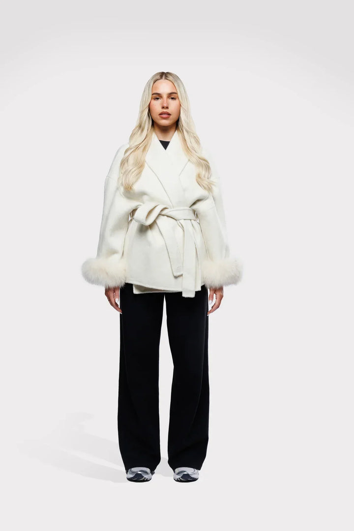 Women's wrap jacket with fur trim 
