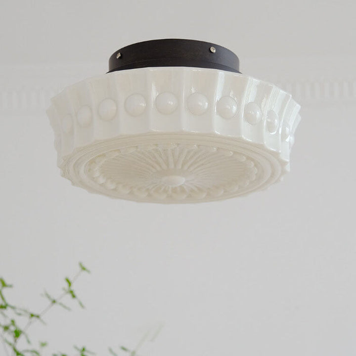 Semi-flush LED ceiling light made of white glass with striped decor