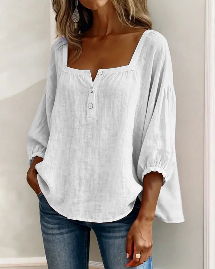 Cotton Blouse with Square Neckline and Long Sleeves
