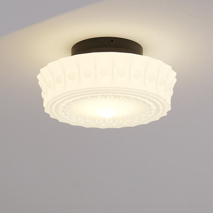 Semi-flush LED ceiling light made of white glass with striped decor