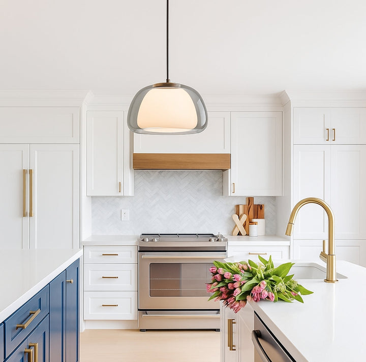 Glass pendant light with white shade and diffuser