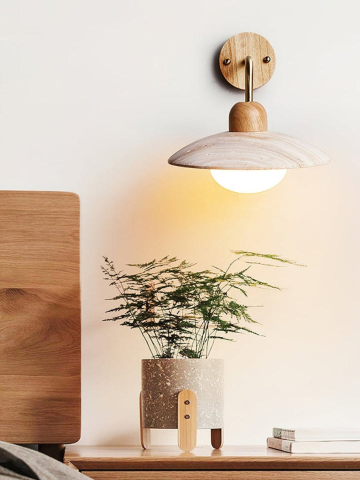Modern travertine wall light – disc shape with wood and metal elements