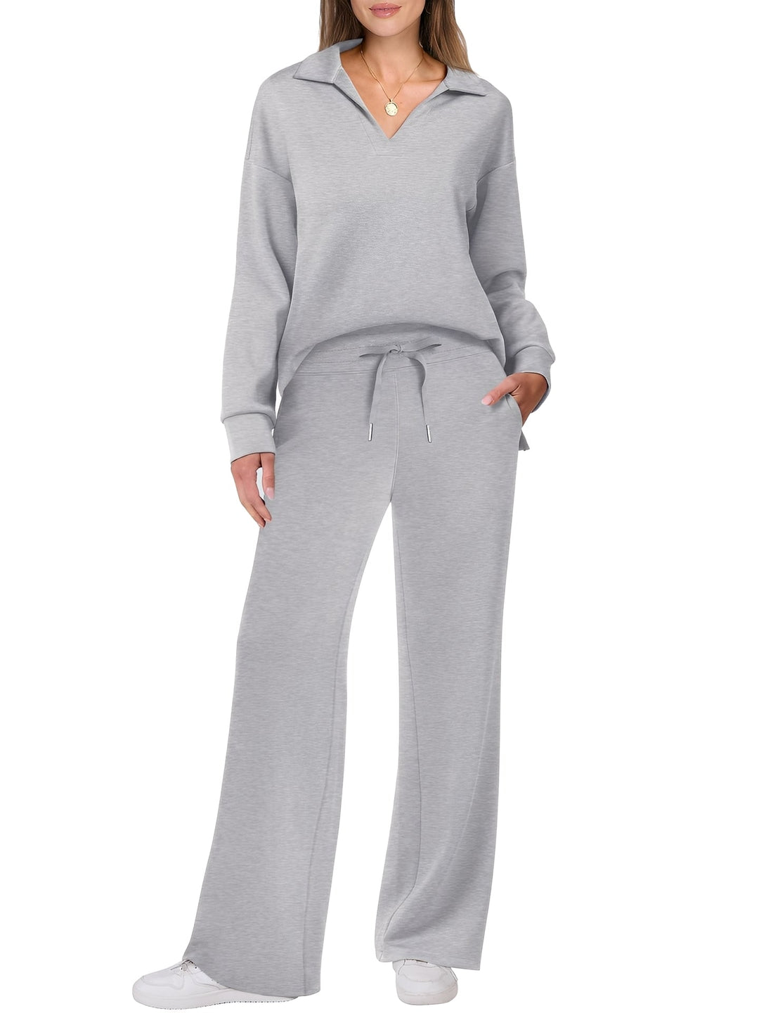 Women's casual two-piece set with loose-fitting sweater and trousers