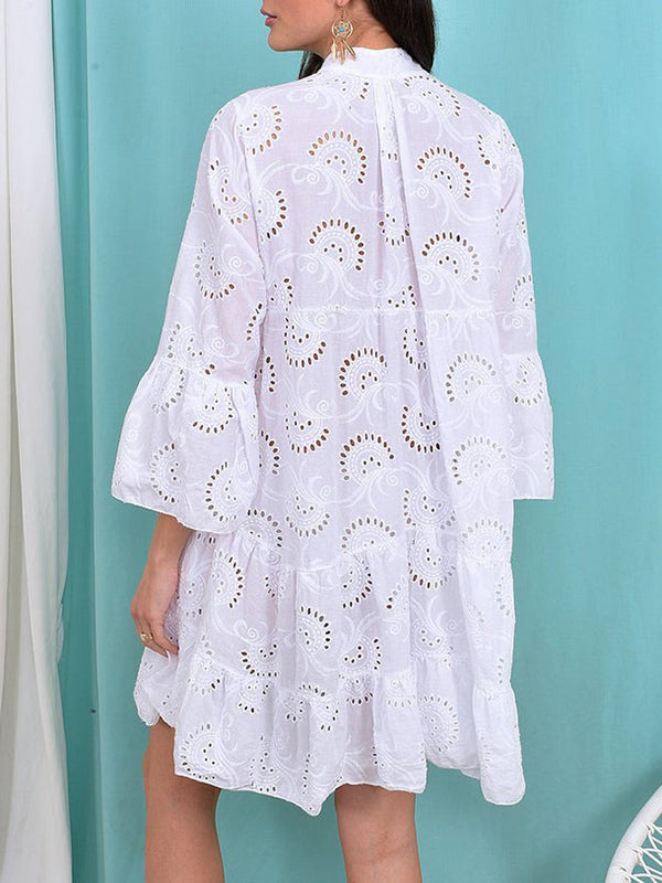 A-Line V-Neck Mini Dress with Flared Sleeves and Button Detail