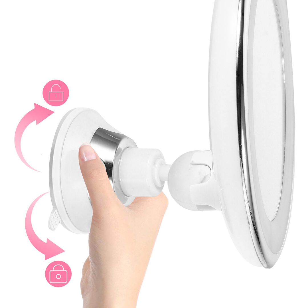 Compact LED cosmetic mirror with 10x magnification and 360° rotation