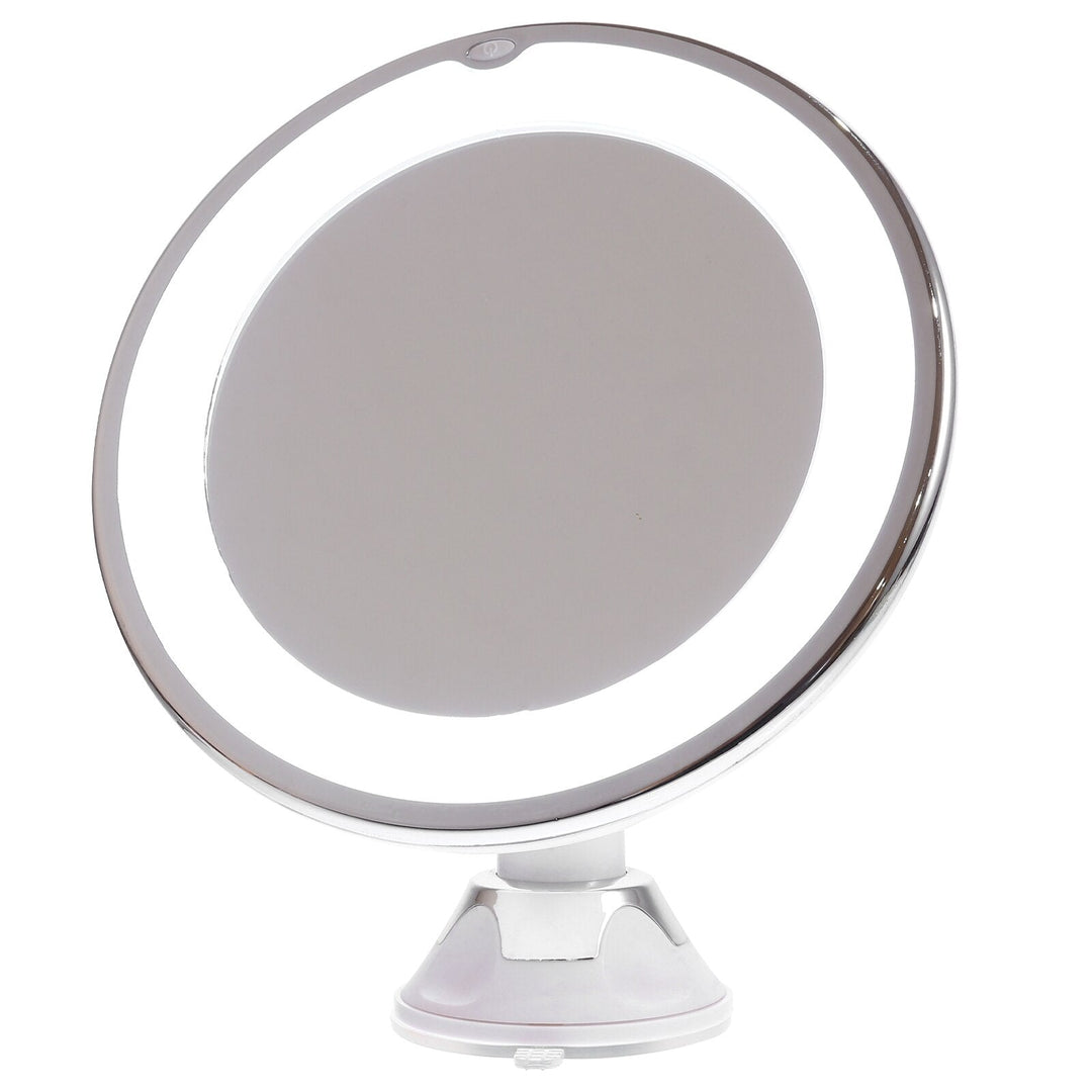 Compact LED cosmetic mirror with 10x magnification and 360° rotation