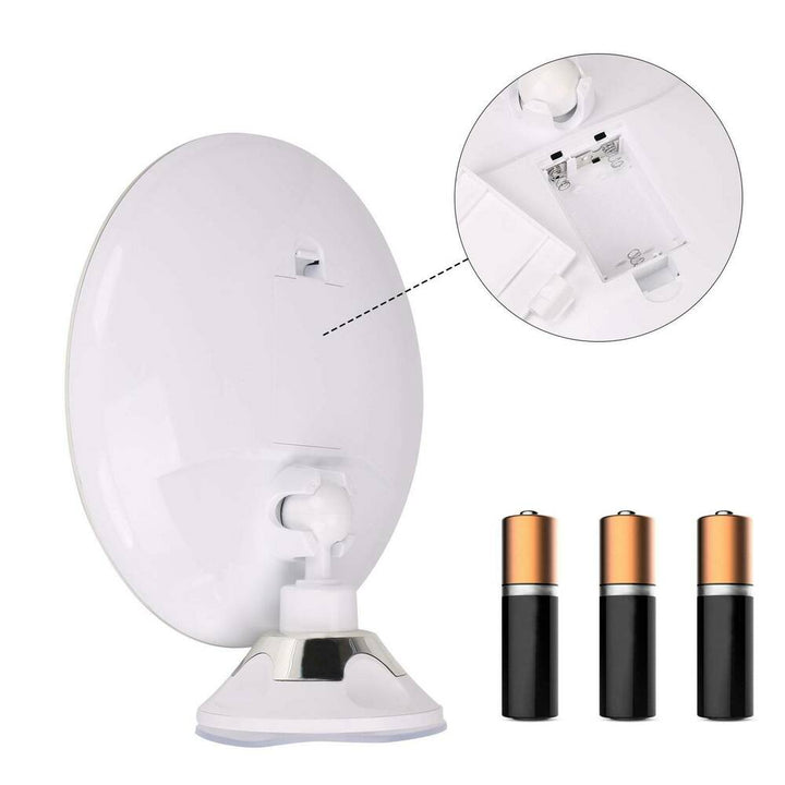 Compact LED cosmetic mirror with 10x magnification and 360° rotation