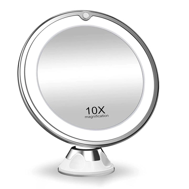 Compact LED cosmetic mirror with 10x magnification and 360° rotation