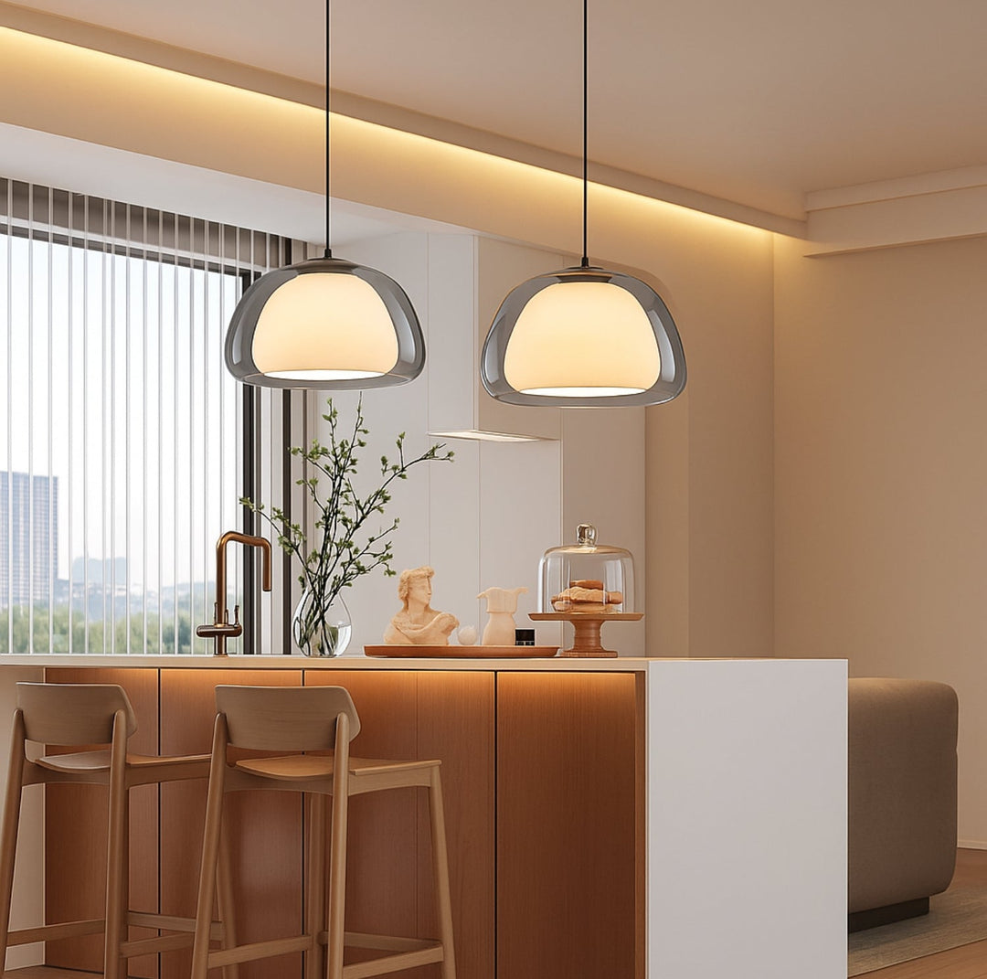Glass pendant light with white shade and diffuser