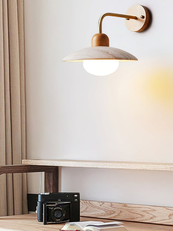 Modern travertine wall light – disc shape with wood and metal elements