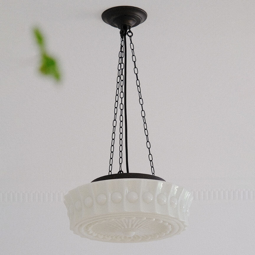 Semi-flush LED ceiling light made of white glass with striped decor