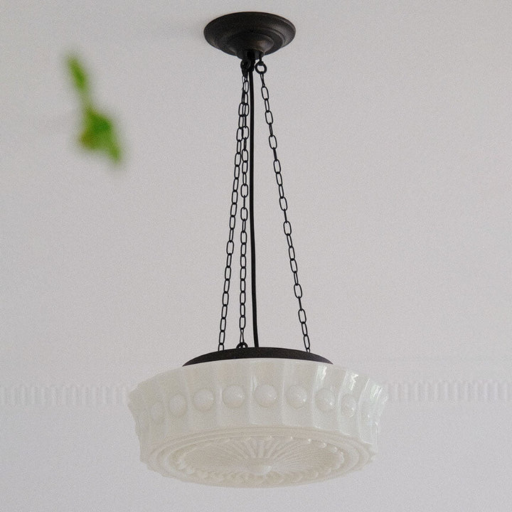 Semi-flush LED ceiling light made of white glass with striped decor