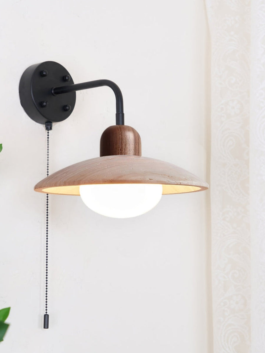 Modern travertine wall light – disc shape with wood and metal elements