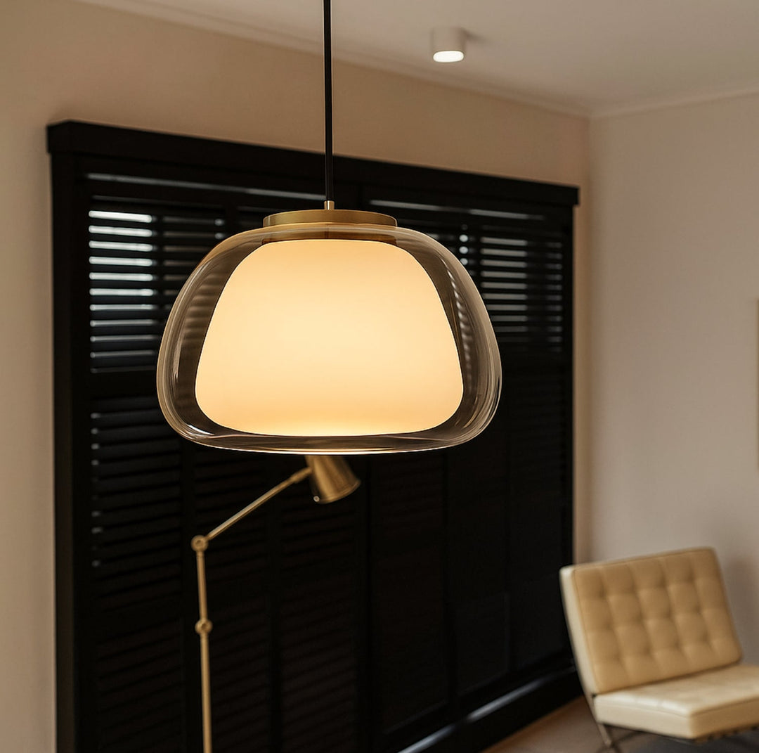 Glass pendant light with white shade and diffuser