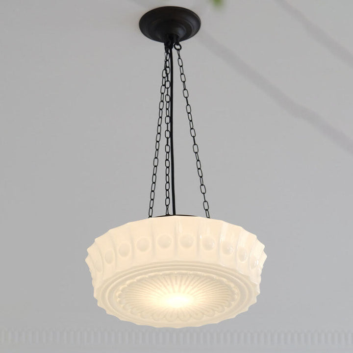 Semi-flush LED ceiling light made of white glass with striped decor