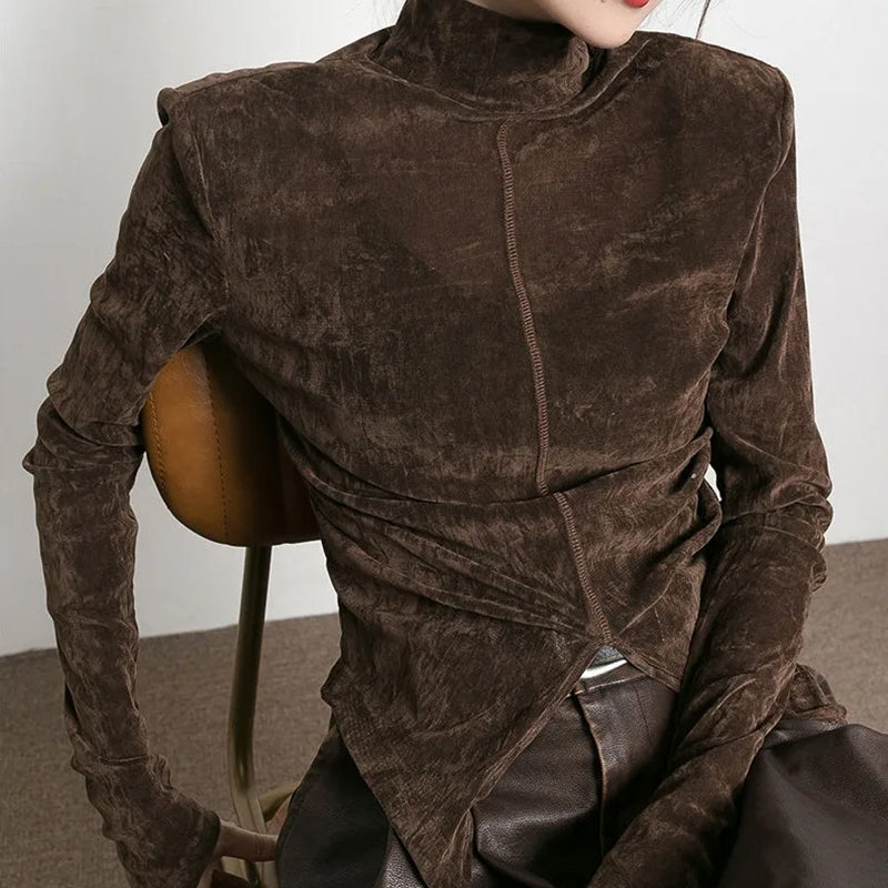 Women's brown velvet top – elegant long-sleeved basic
