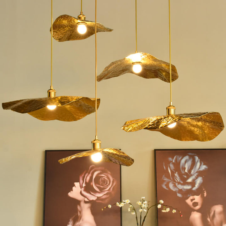 Pendant lamp in lotus leaf shape made of gold and bronze 