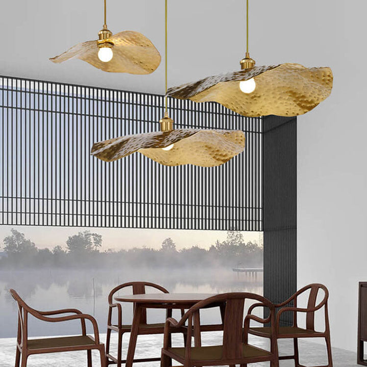 Pendant lamp in lotus leaf shape made of gold and bronze 