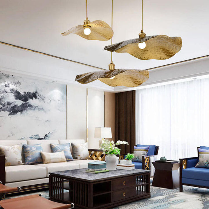 Pendant lamp in lotus leaf shape made of gold and bronze 