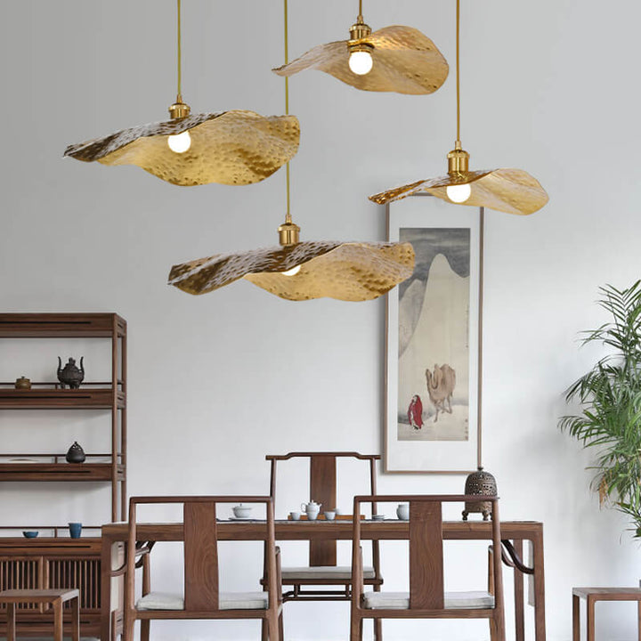 Pendant lamp in lotus leaf shape made of gold and bronze 