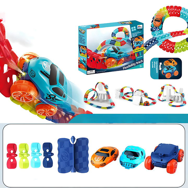 Flexible race track playset with toy car for children 