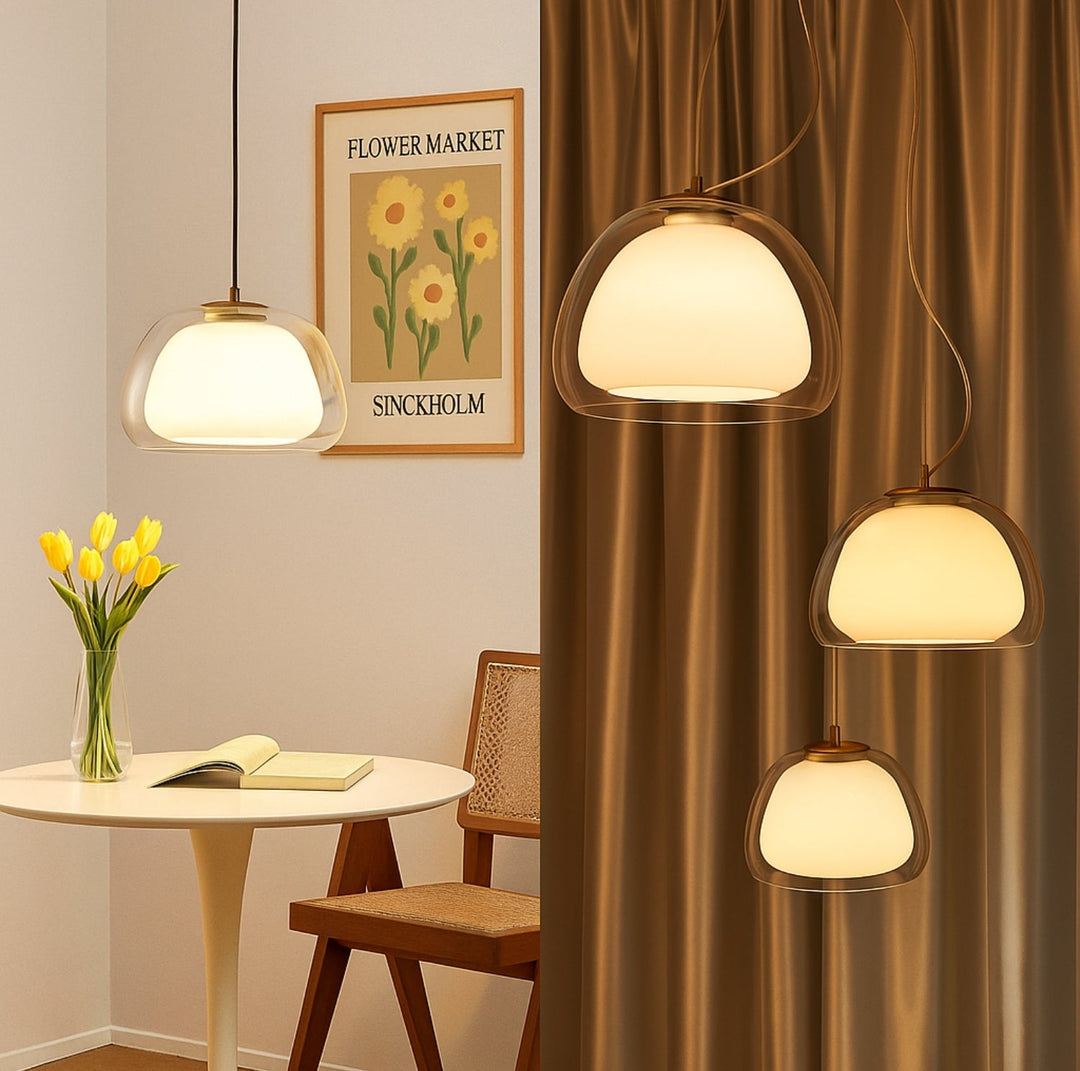 Glass pendant light with white shade and diffuser