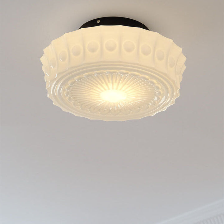 Semi-flush LED ceiling light made of white glass with striped decor