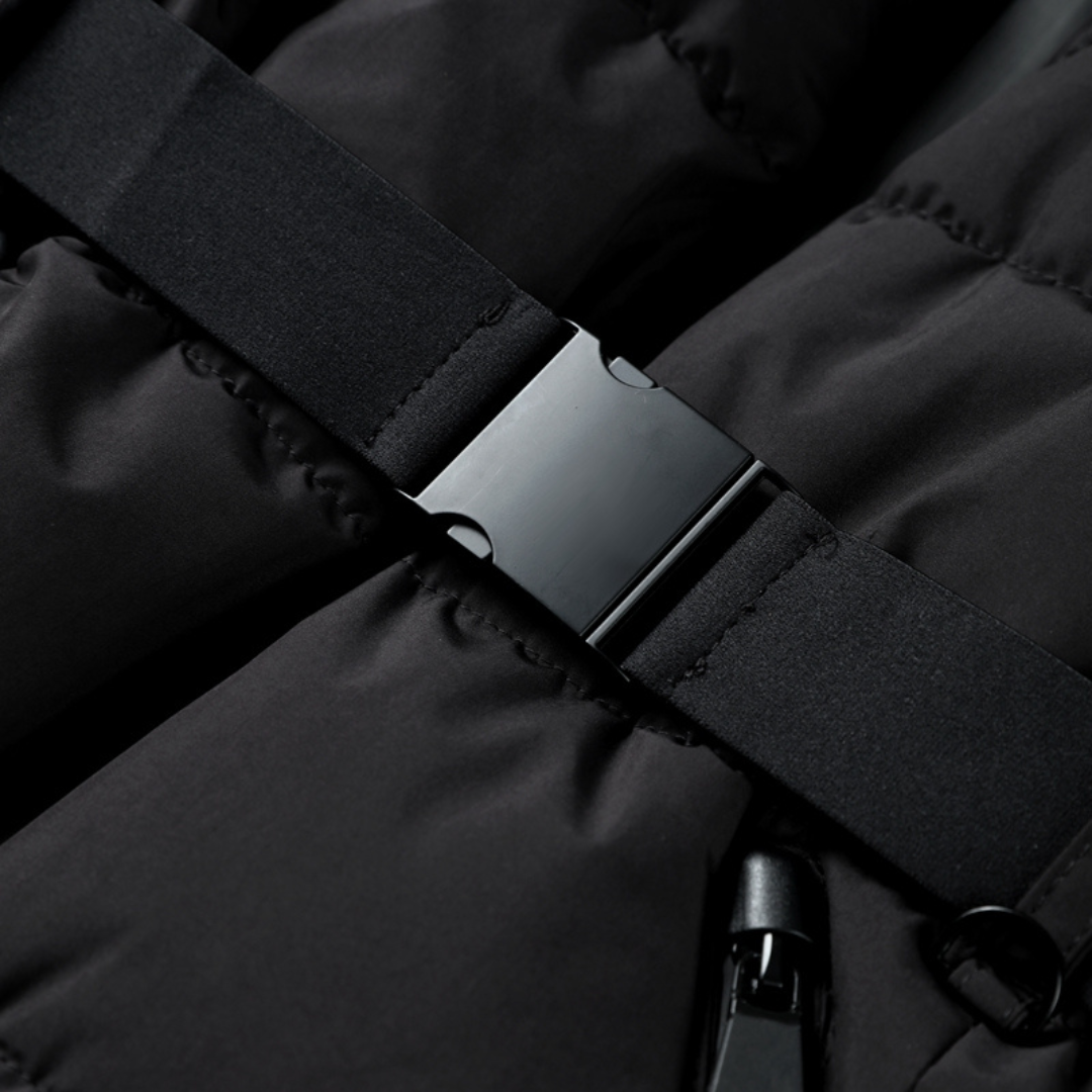 Women's quilted jacket with belt and high collar