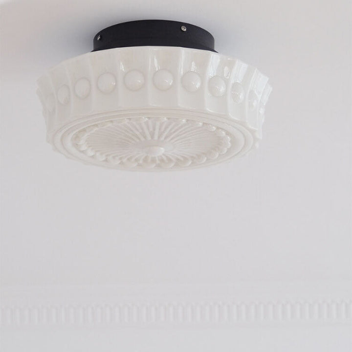 Semi-flush LED ceiling light made of white glass with striped decor