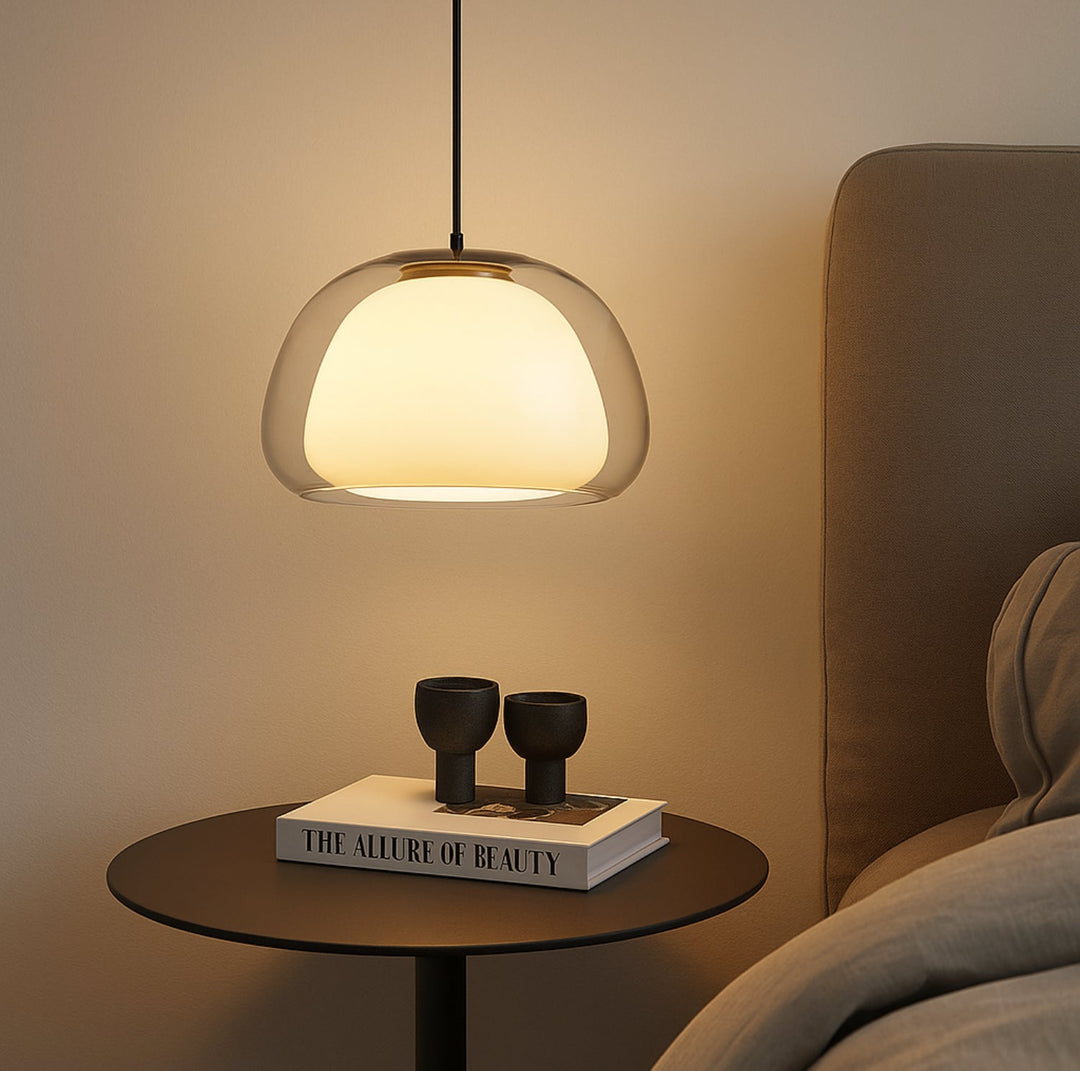 Glass pendant light with white shade and diffuser