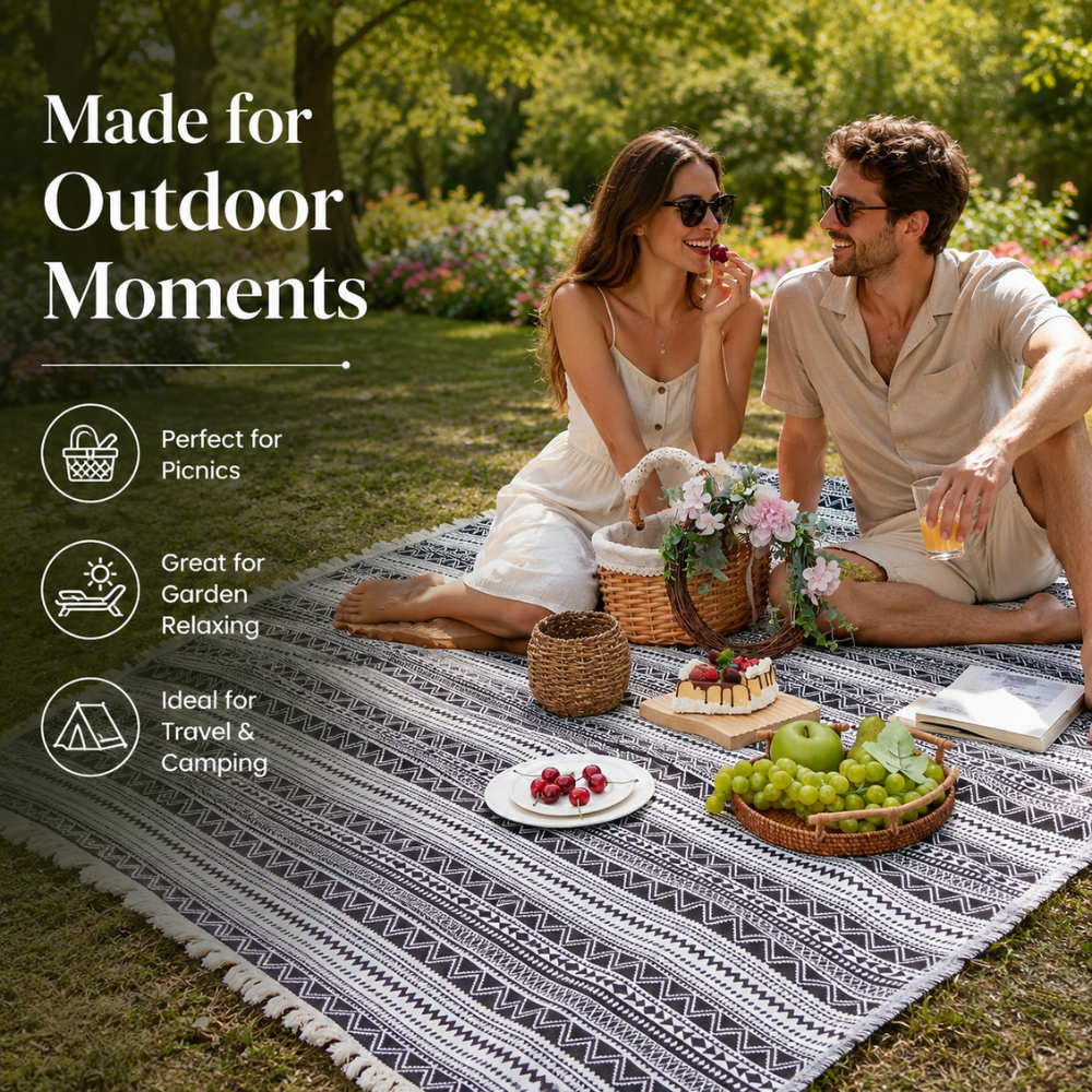 Boho Picknickdecke in Schwarz und Weiß mit gewebter Struktur und Streifendesign