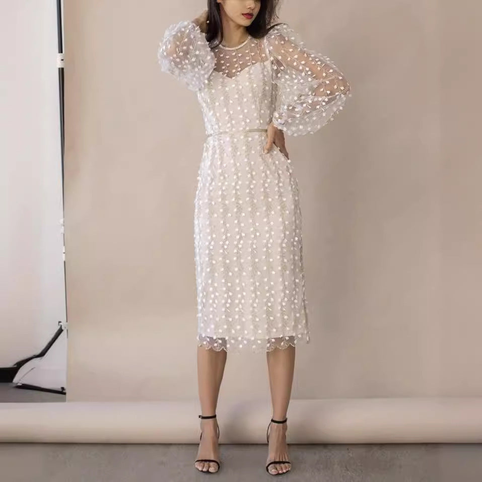Women’s Sheer Dress with Transparent Puff Sleeves and Floral Embroidery