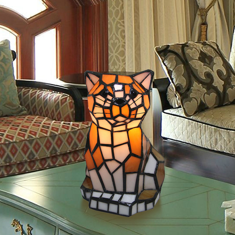 Tiffany table lamp with cat motif and colored glass