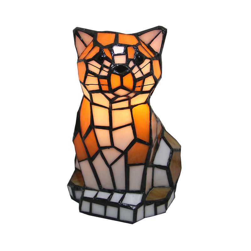 Tiffany table lamp with cat motif and colored glass
