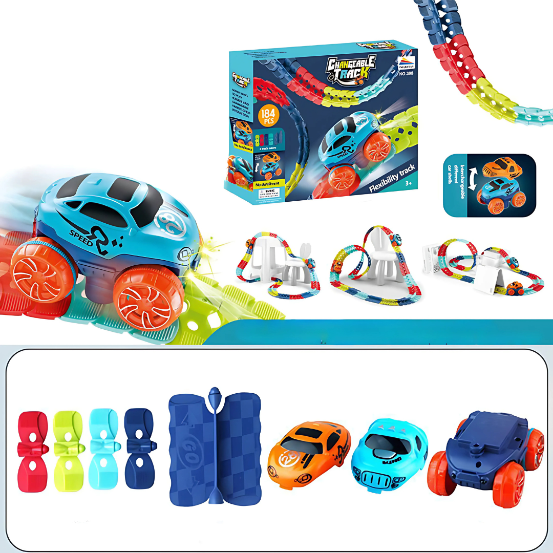 Flexible race track playset with toy car for children 