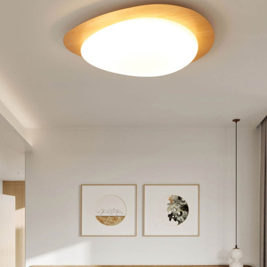Oval LED ceiling light in wood look, Nordic style