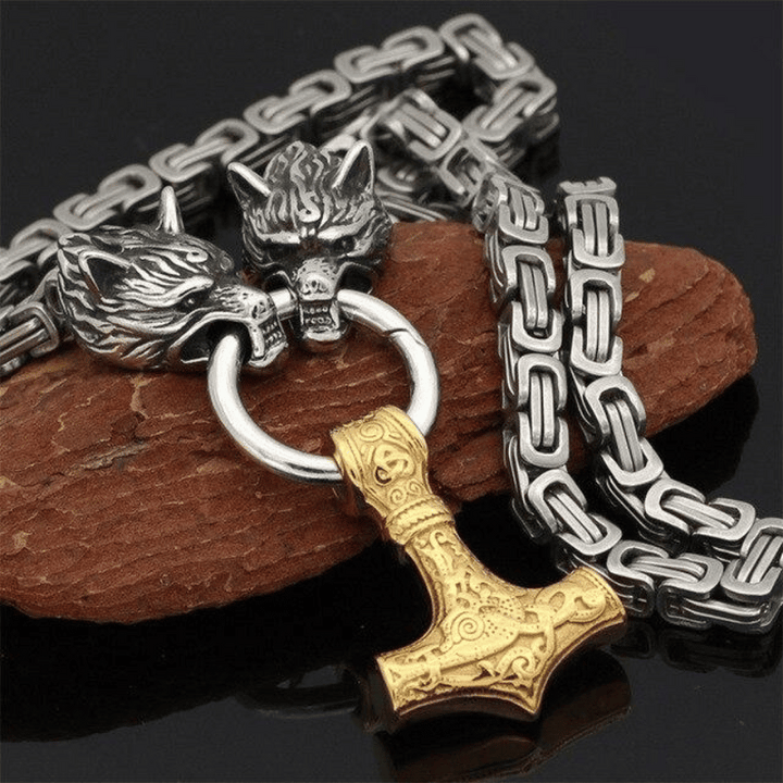 Wolf heads and Mjolnir - Symbolic necklace or bracelet for men