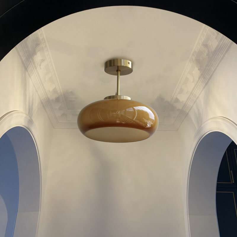 Vintage ceiling light, yellow glass &amp; brass – semi-flat &amp; modern