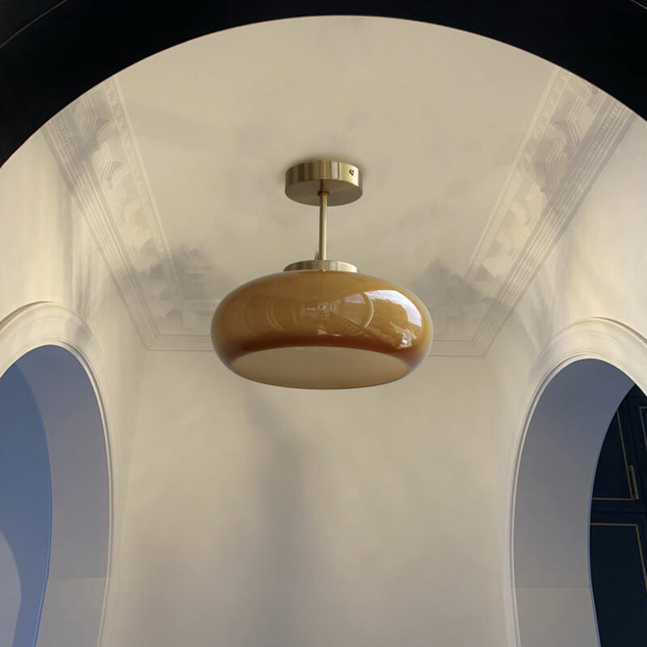 Vintage ceiling light, yellow glass &amp; brass – semi-flat &amp; modern