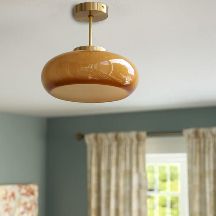 Vintage ceiling light, yellow glass &amp; brass – semi-flat &amp; modern