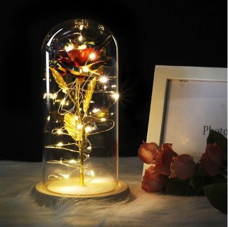 Glass bell with eternal rose and LED lights
