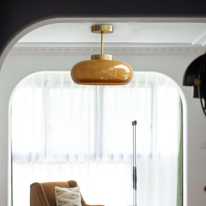 Vintage ceiling light, yellow glass &amp; brass – semi-flat &amp; modern