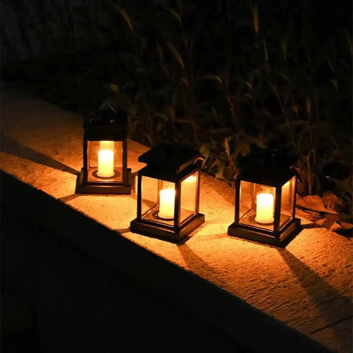 Solar-powered retro garden lantern with LED candle light for atmospheric nights