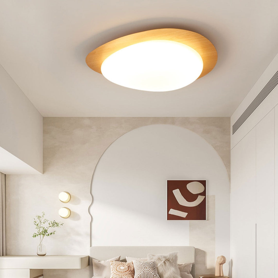 Oval LED ceiling light in wood look, Nordic style