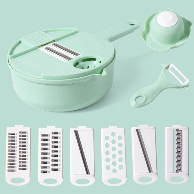 12-in-1 vegetable slicer with interchangeable blades and collection container