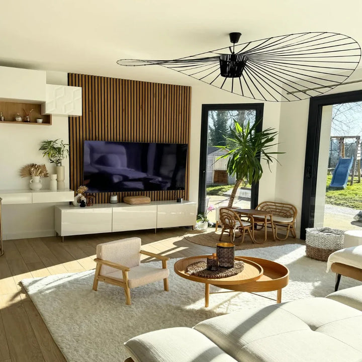 Vertigo LED pendant light in straw hat design – vintage, modern &amp; lightweight