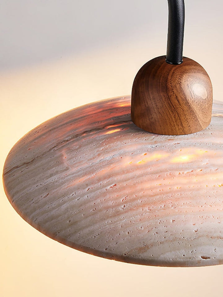 Modern travertine wall light – disc shape with wood and metal elements