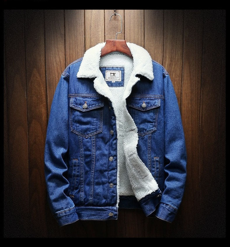 Men's denim jacket with fur lining and button placket