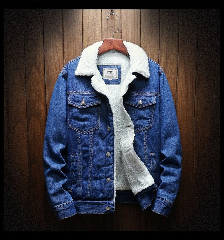 Men's denim jacket with fur lining and button placket