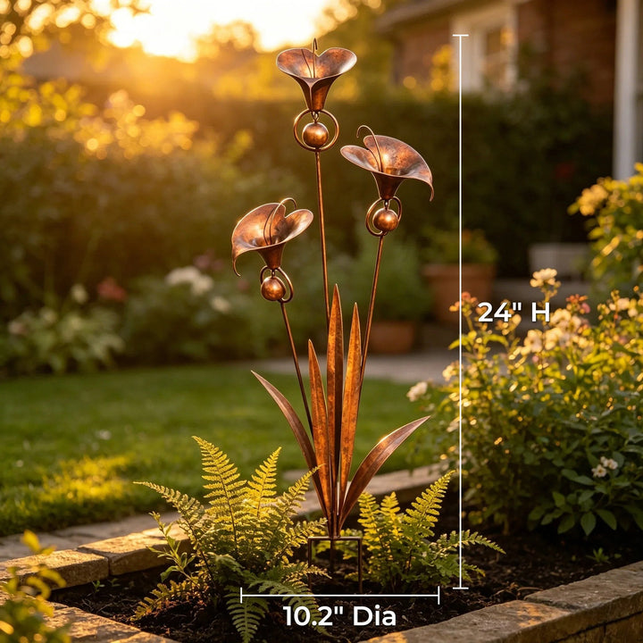Eisen-Gartenstecker mit Calla-Lilien und Windglöckchen als Beetdekoration